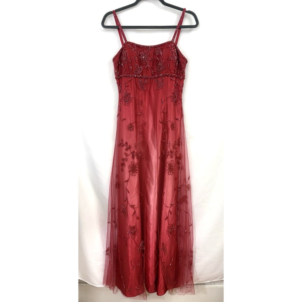 VTG Y2K Cache Red Pink Ombre Beaded Gown Dress Mesh Overlay Womens Size 4 FLAWS